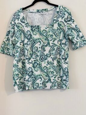 Craft & Barrow White and Green Paisley Square Neck Short Sleeve Top Size L